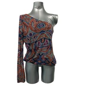 Vintage Y2K One Shoulder Mesh Stretch Going Out Top Mosaic Print Sm indie Sleaze